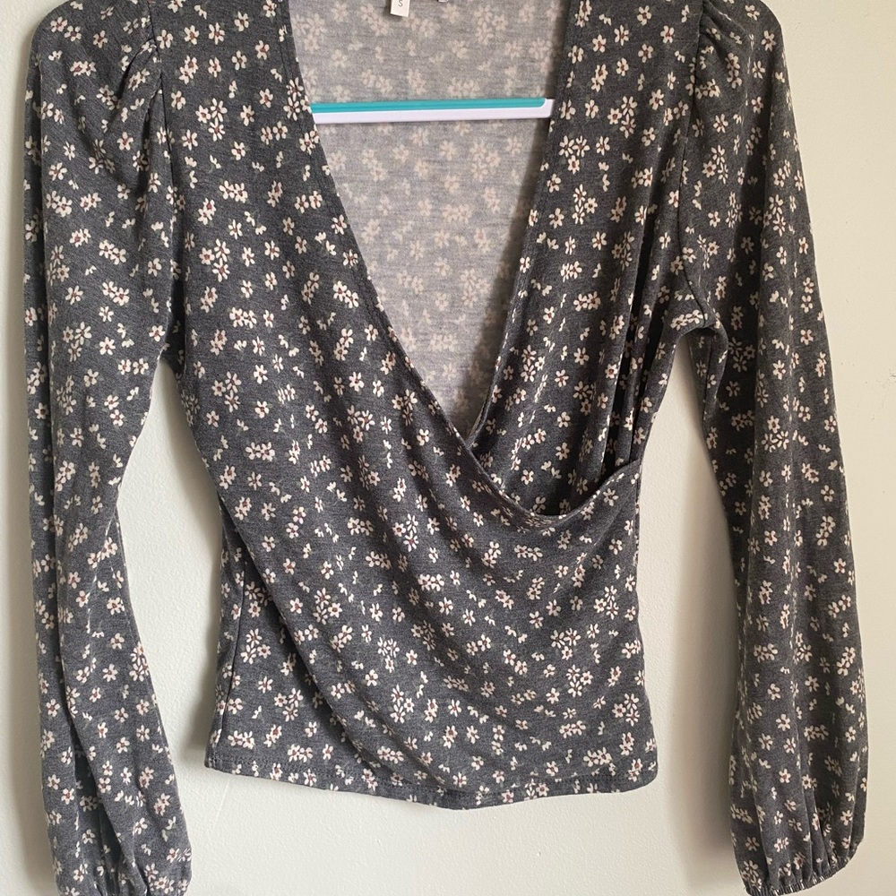Boho Bohme Charcoal Floral Wrap Top with Ruched Sleeves
